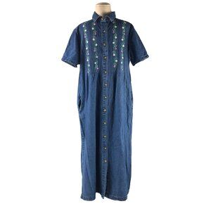 Serengeti Catalog Denim Embroidered Short Sleeve Midi Dress Prairie Cottagecore